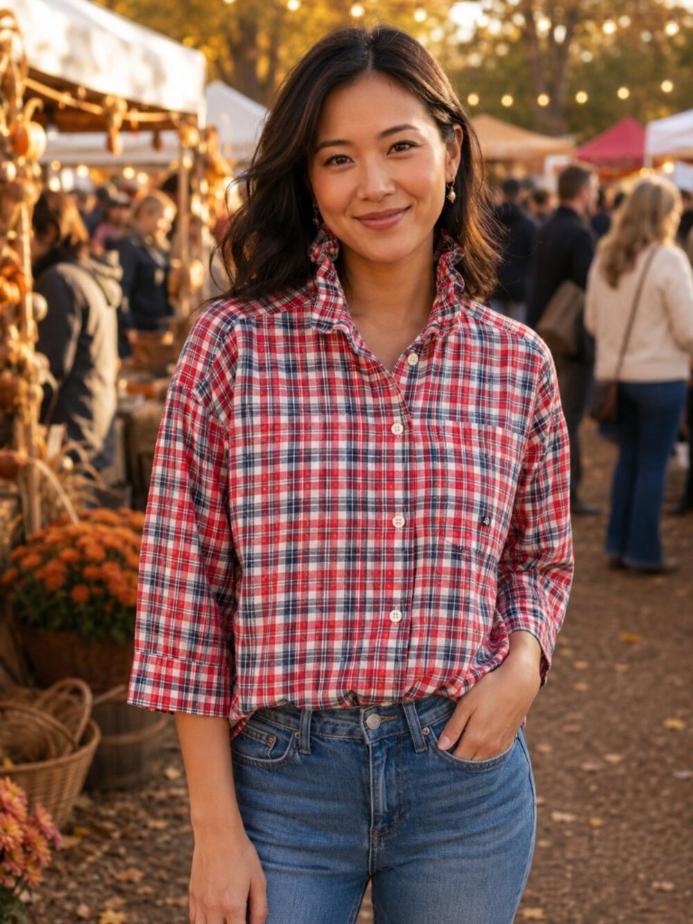 LG Red, Navy Plaid Upcycle Ruffle Button-Down Blouse XL